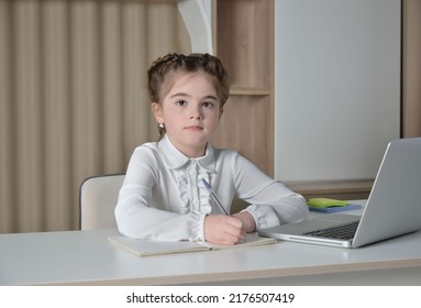 Back To School Or Education Concept. A Little Cute Schoolgirl Taking Notes Or Writing In Notebook, Looking At Camera And Sitting At Desk On A Laptop And Multicolored Paper Clips Stickers Background.