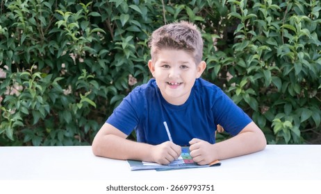 Back to School - E-Learning: A focused elementary school student, age 7-8, diligently completing his homework.