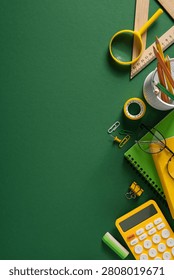 Back to school flat lay featuring green paper, yellow calculator, pencils, ruler, tape and glasses arranged for study and organization