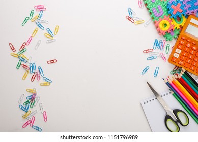 Back To School. Flat Lay Photo With Copybook, Yearbook And School Supplies