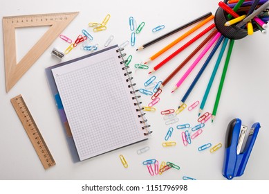 Back To School. Flat Lay Photo With Copybook, Yearbook And School Supplies