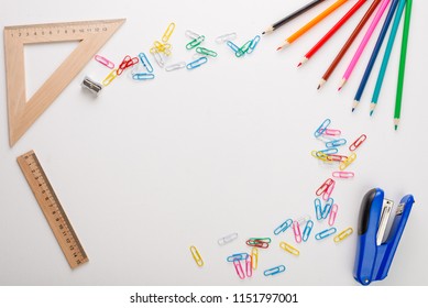 Back To School. Flat Lay Photo With Copybook, Yearbook And School Supplies