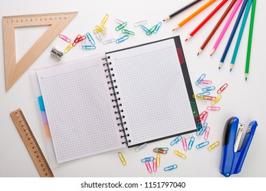 Back To School. Flat Lay Photo With Copybook, Yearbook And School Supplies