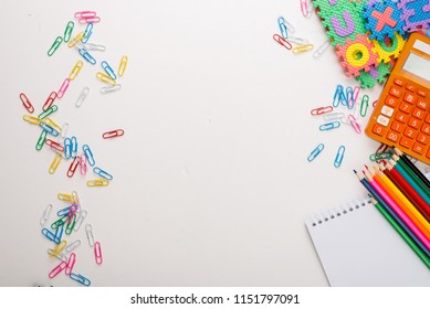 Back To School. Flat Lay Photo With Copybook, Yearbook And School Supplies