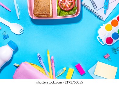 Back To School Flatlay Background. Pink Pencil Case With Various School Stationery On High-colored Bright Background