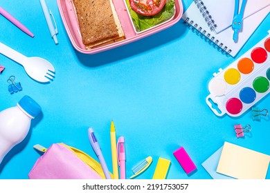 Back To School Flatlay Background. Pink Pencil Case With Various School Stationery On High-colored Bright Background