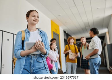 back to school, happy teen girl with digital tablet in hallway, diversity, teacher and students - Powered by Shutterstock