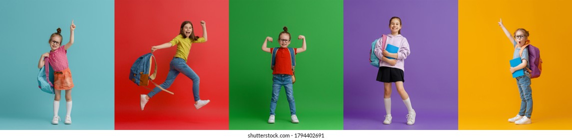 Back to school and happy time! Collage of five children on colorful paper wall background. Kids with backpack. Girls glad ready to study. - Powered by Shutterstock