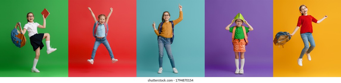 Back to school and happy time! Collage of five children on colorful paper wall background. Kids with backpack. Girls glad ready to study.