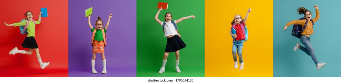 Back To School And Happy Time! Collage Of Five Children On Colorful Paper Wall Background. Kids With Backpack. Girls Glad Ready To Study.