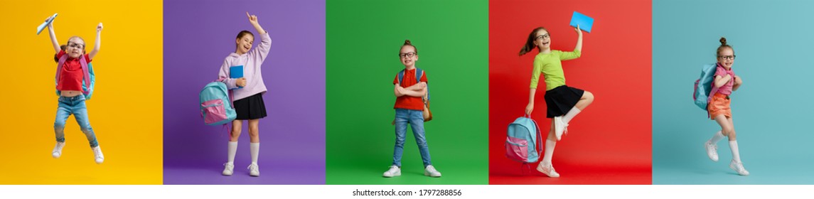 Back To School And Happy Time! Collage Of Five Children On Colorful Paper Wall Background. Kids With Backpack. Girls Glad Ready To Study.