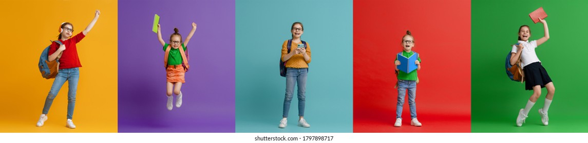 Back To School And Happy Time! Collage Of Five Children On Colorful Paper Wall Background. Kids With Backpack. Girls Glad Ready To Study.