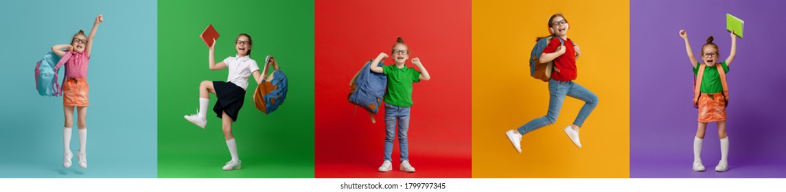 Back To School And Happy Time! Collage Of Five Children On Colorful Paper Wall Background. Kids With Backpack. Girls Glad Ready To Study.                           