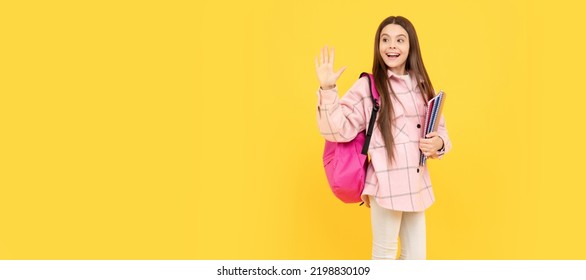 Back To School. Hello Or Goodbuy. Teen Girl In Checkered Shirt. Happy Kid Waving Hand. Portrait Of Schoolgirl Student, Studio Banner Header. School Child Face, Copyspace.