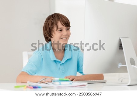 Back to school. Kids at computer doing homework. Children listen to teacher or tutor. Online study and homeschooling. Students in elementary school reading and writing. Primary school lesson.