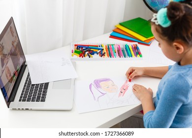 Back To School. Online Education. Smart School Girl In Classroom. Childhood Study Online. Drawing Lesson. Knowledge Day. Small Girl Pupil With Laptop. Draw Picture With Marker. Living In Digital Age.