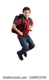 Back to school - Portrait of Arabian school boy child jumping with school bag , isolated on white background