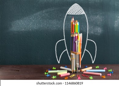 Back To School - Rocket Sketch On Blackboard