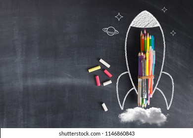 Back To School - Rocket Sketch On Blackboard