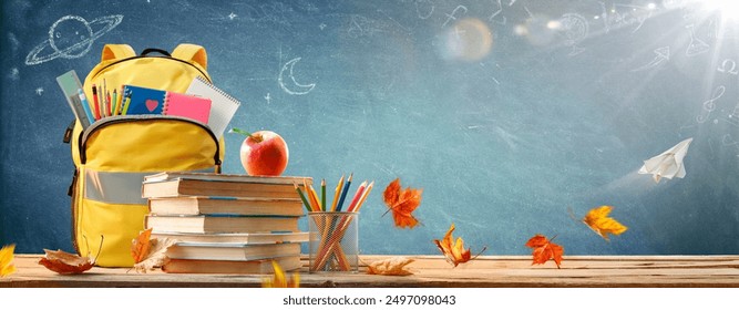 Back To School - Schoolbag And Books With Pencils And Stationary On Blackboard - Powered by Shutterstock