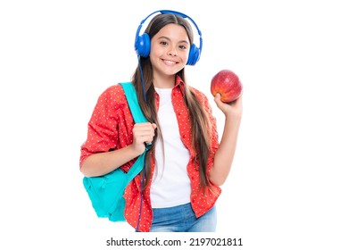 Back to school. Schoolgirl student in headphones with school bag backpack hold book on isolated studio background. School and education concept. Portrait of happy smiling teenage child girl. - Powered by Shutterstock