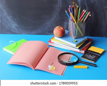 Back To School, Stationery, Magnifying Glass, Stack Of Books, Apple On The Table, Home Learning Concept, Part Of Kids Room Interior