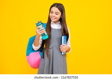 Back To School, Student Teenager Girl With Water Bottle And Holding Books And Note Books Wearing Backpack.