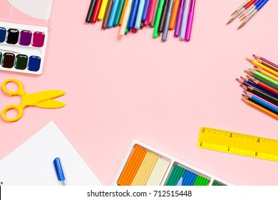 Back to school supplies flat lay, copy space