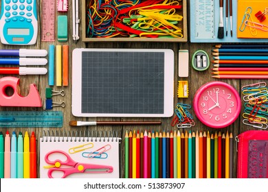 Back To School And Technology Banner With Digital Touch Screen Tablet And Colorful Stationery