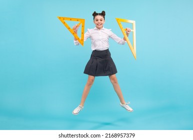 Back To School. Teenager School Girl On Isolated Background. School Supplies. Crazy Jump, Jumping Kids. Happy Teenager, Positive And Smiling Emotions Of Teen Schoolgirl.