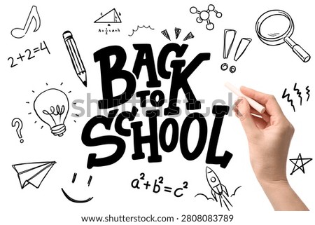 Back to school text, hand with chalk and different drawings, PNG