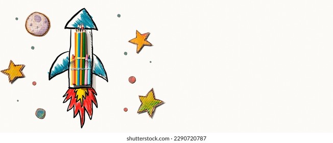 Back to school theme with hand drawn rocket and colored pencils