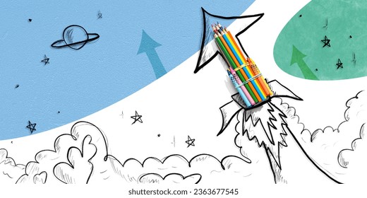 Back to school theme with hand drawn rocket and pencils - Flat lay