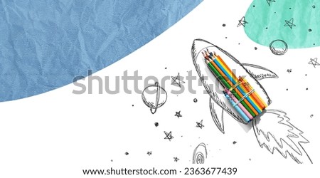 Back to school theme with hand drawn rocket and colored pencils - crumpled paper background