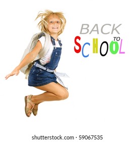 Back To School.Happy Pupil Jumping.Isolated On White