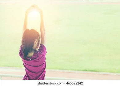 Back Shot Portrait Of Running Woman With Sunlight Effect, Vintage.