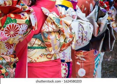 Back Shot Of Young Women In Furisode Kimono For Coming Of Age Ceremony