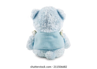 Back Side Of Blue Teddy Bear With Jacket Isolated On White Background.