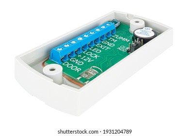 Back side with electronic components of wall RFID reader in white plastic case isolated on white background