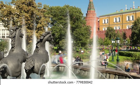 Back Side Of Fountain Four Seasons On Manezh Square In Moscow Timelapse Hyperlapse. Complex Fountains Located Between The Alexander Garden And Manezh Square, Was Established In 1996