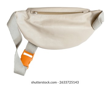 back side of handcrafted closed grey leather waist bag with orange strap clasp isolated on white background