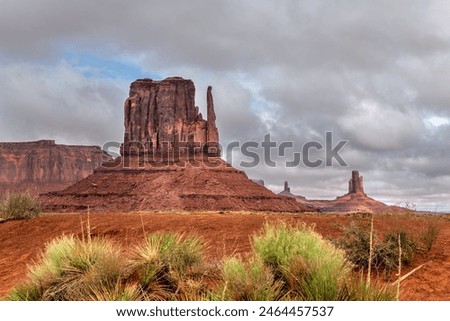 Back side of Merrick Butte framed against a cloudy sky and vibrant cactus.