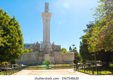 Back side of the monument of the 1812 constitution in Cadiz or of the courts of Cadiz Andalusia Spain Europe with column, statues and reliefs meaning allegories as peace and war in the Spain Square. - Shutterstock ID 1967548630