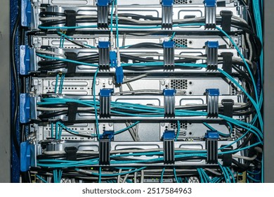 Back side of the network servers with ethernet and power cables  in the rack. Cable fastenings are visible