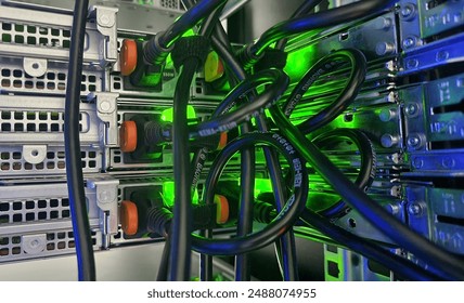 Back side of network servers in the rack with cable connections.