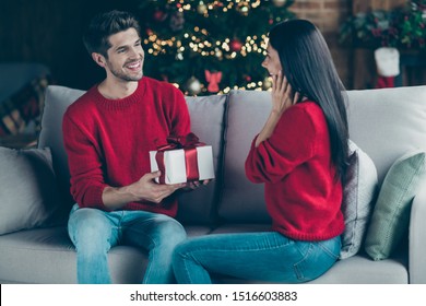 Back side photo of two people surprised woman  receive package from her sweetheart on christmas holiday sit on divan in house indoors - Powered by Shutterstock