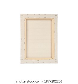 Back Side Of Primed Artistic Canvas Stretched Over Wooden Frame Isolated On White Background