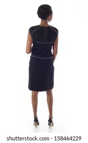 Back Side View, Full Length Portrait Of Woman Wearing Dress.