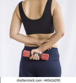 Back Side Of Woman Fat Belly Holding A Small Dumbbell, Want To Exercise To Good Shape 