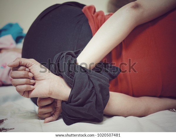 Back Side Woman Tormented Hands Tied Stock Photo Edit Now 1020507481